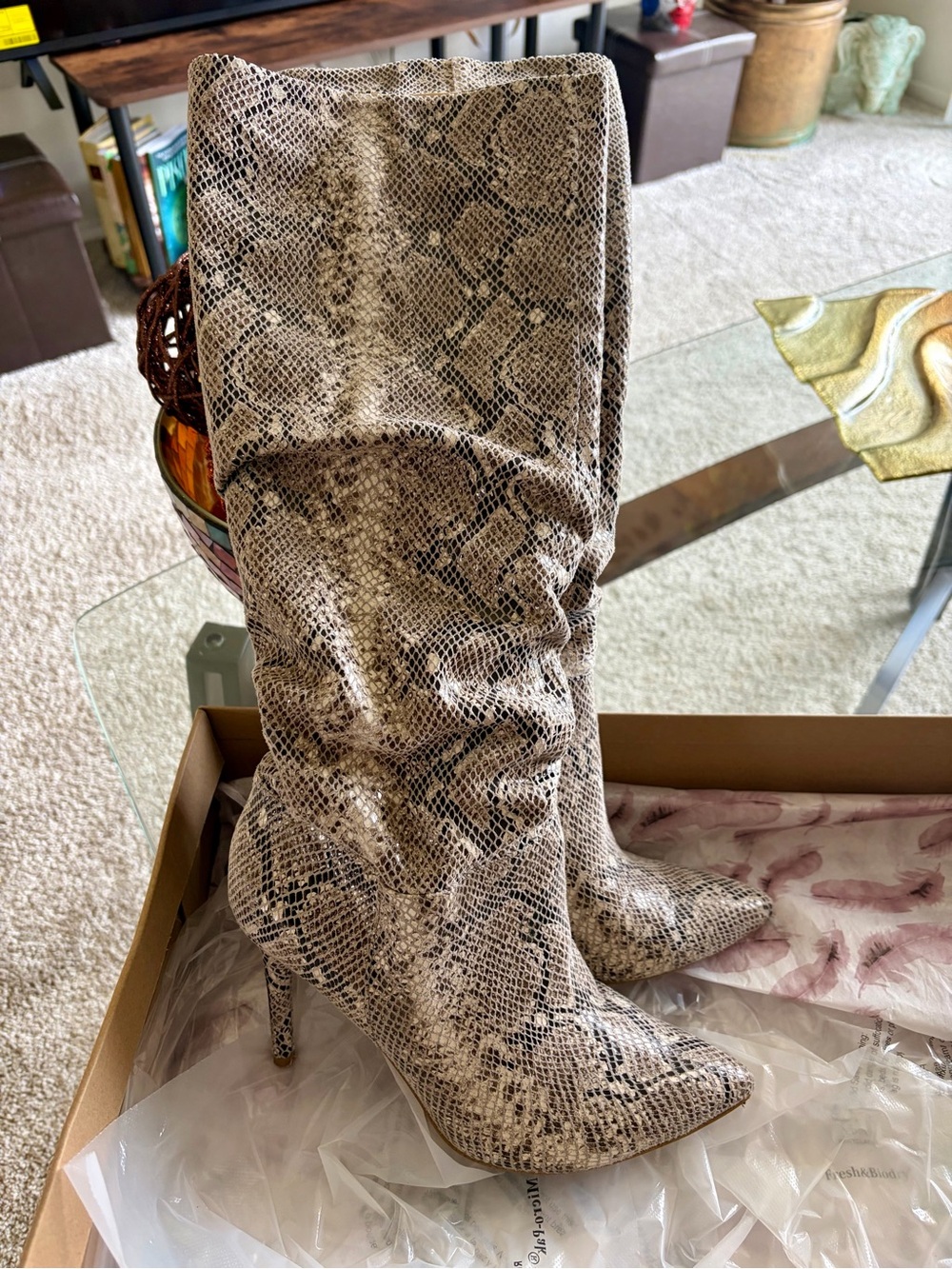 Jessica Simpson Snakeskin Print Knee-High Stiletto Boots in Beige
